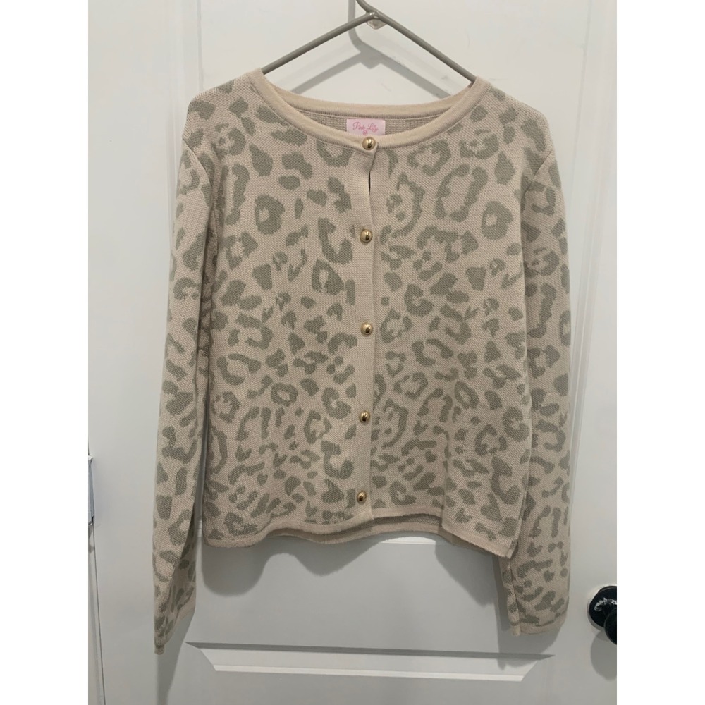 Pink Lily Leopard Print Cardigan Sweater Cream with Gold Buttons Medium